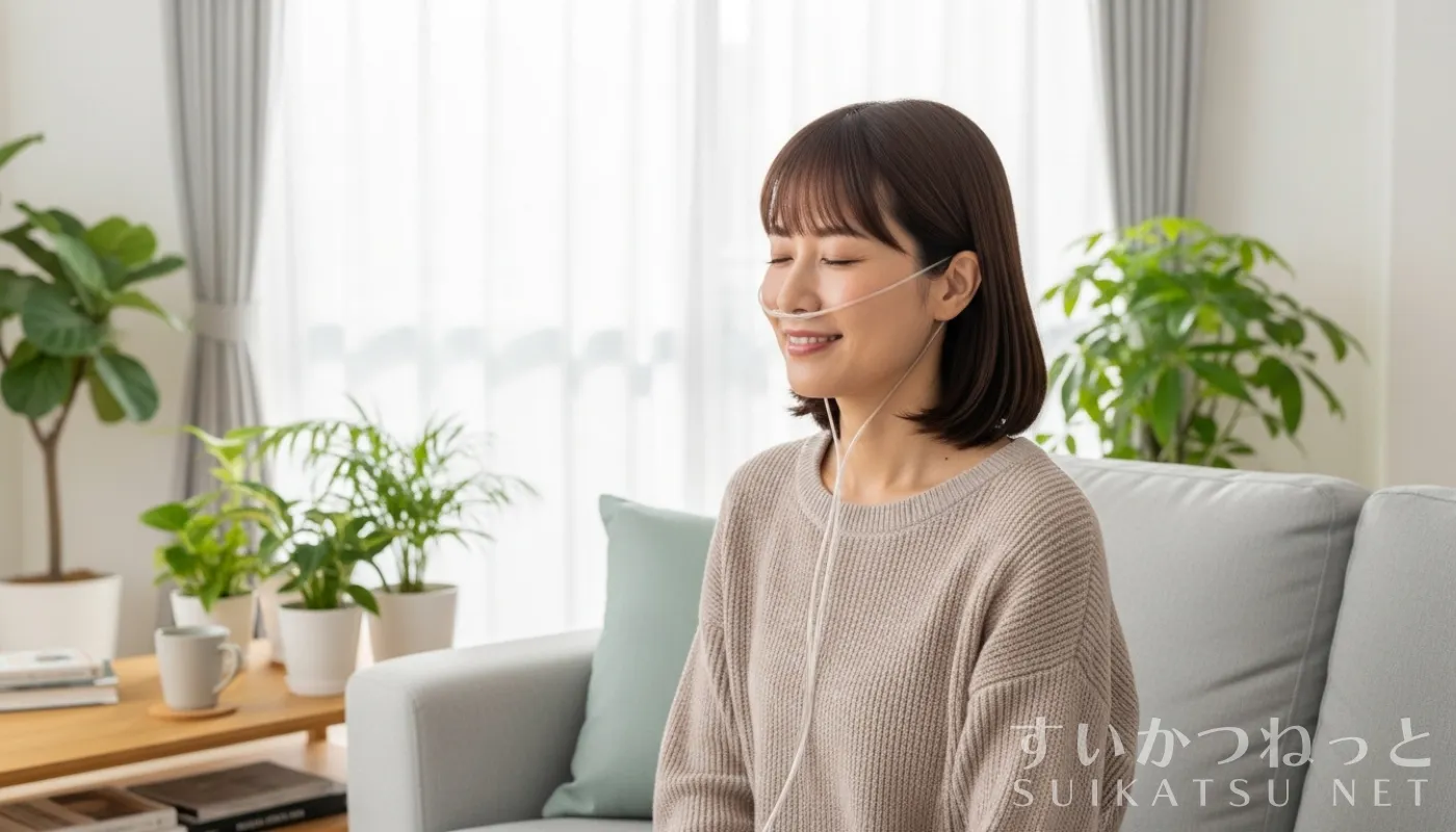 自宅のソファで水素吸入をしている女性