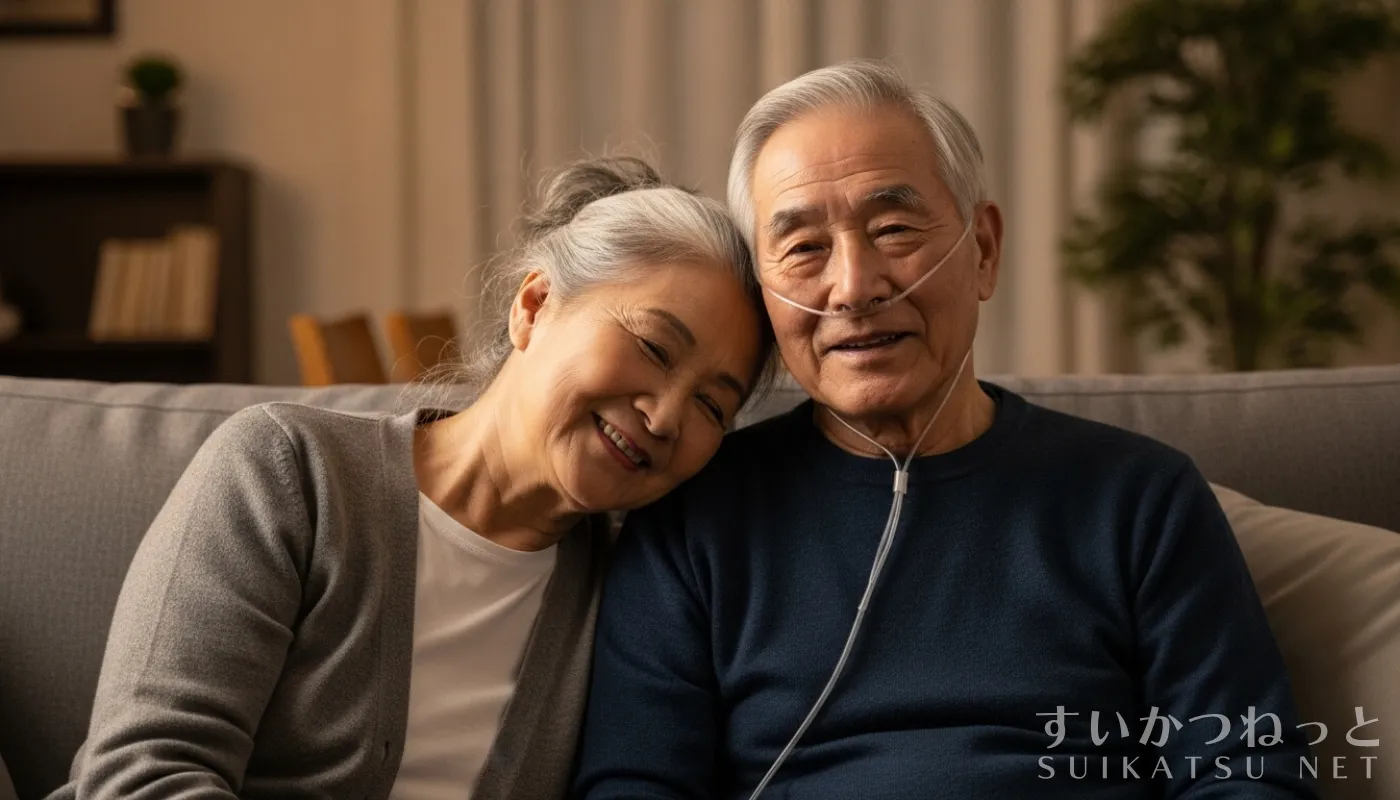 高齢の夫婦。旦那が水素吸入中