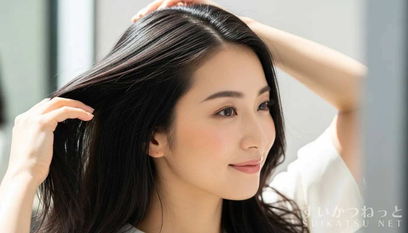 水素トリートメントの後に髪の艶を感じている女性
