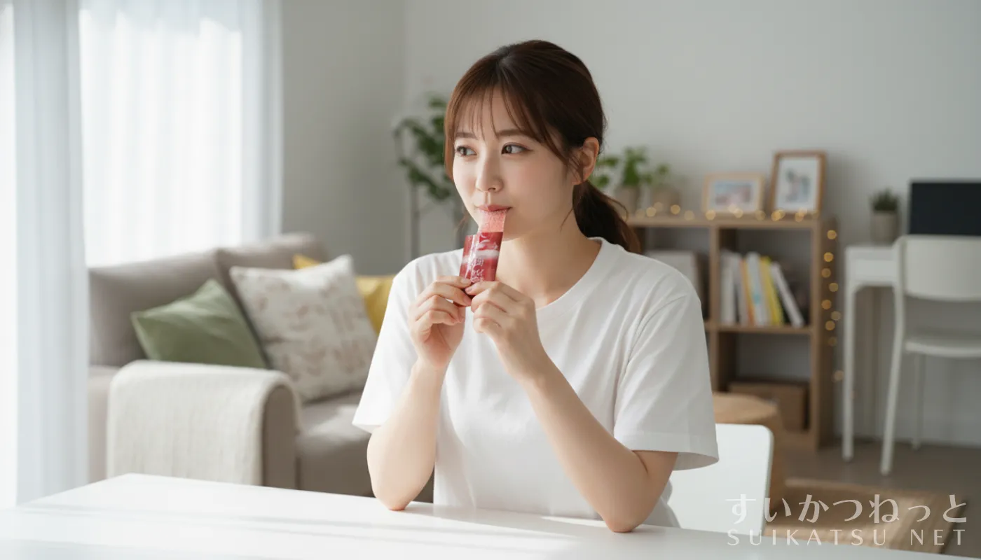 水素ゼリーを食べている女性