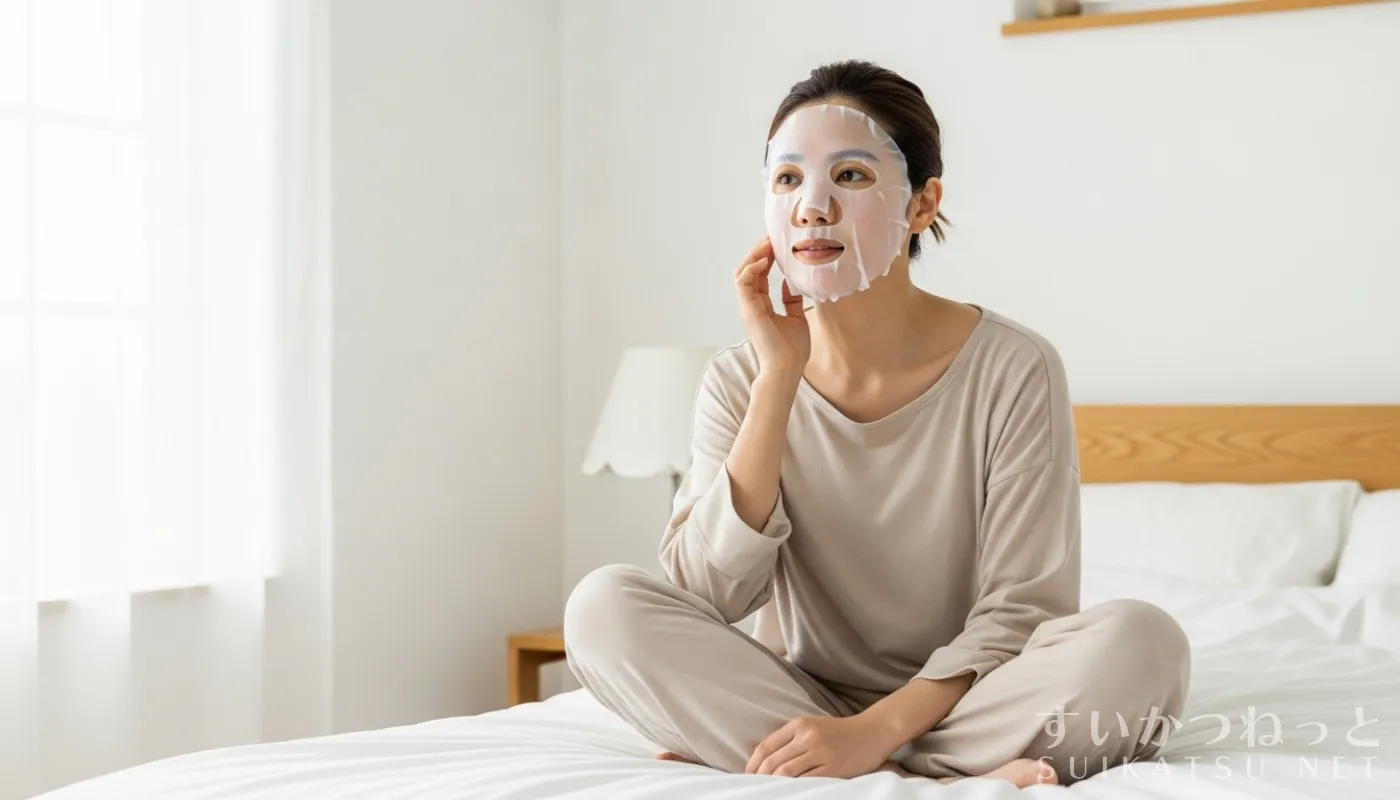 水素マスク(シートタイプ)をつけている女性