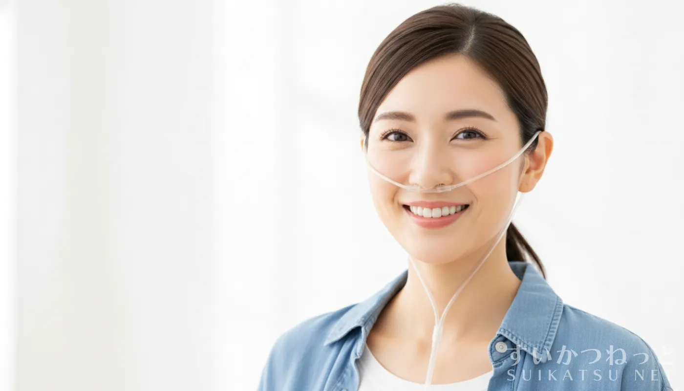 水素吸入をしてこちらを向いている女性